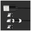 3-i-1 LED Magnetisk Kabel - Lightning, USB-C, MicroUSB - 1m - Sort