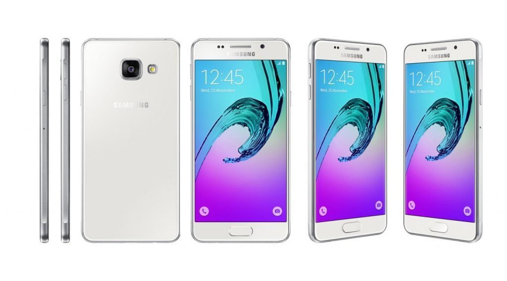 Galaxy A3 fra 2016 i hvid farve fra flere vinkler