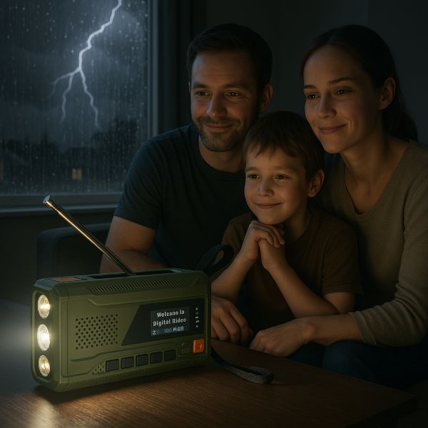 Familie på tre lytter til nødradio under strømafbrydelse forårsaget af storm