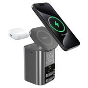 100W GaN-opladestation til skrivebordet med 25W trådløs opladning, 2 USB-C-kabler - sort