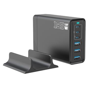 135W GaN bordoplader / 6-porte højhastighedsopladningsstation - 3x USB-C, 3x USB-A - Sort