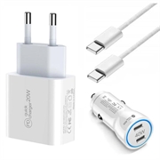 iPhone 15 Pro/15 Pro Max/16 Pro/16 Pro Max 20W oplader + biloplader m.kabel 2m - hvid