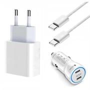 iPhone 15 Pro/15 Pro Max/16 Pro/16 Pro Max 20W oplader + biloplader m.kabel 2m - hvid