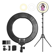 18" dæmpbar LED-ringlampe til skrivebord med tripod og telefonholder - sort