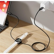 2-i-1 USB-C-opladerkabel med magnetisk trådløs oplader til Apple Watch - 1.2m, 100W - Sort