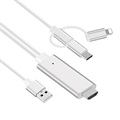 3-i-1 HDMI Kabel - Lightning, Type-C, MicroUSB