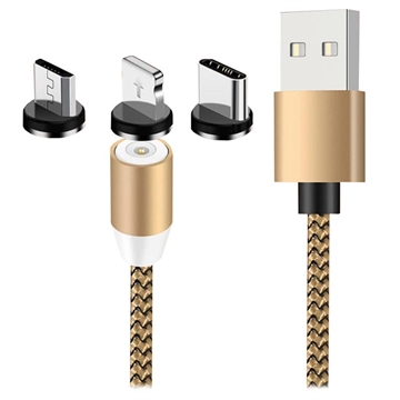 3-i-1 LED Magnetisk Kabel - Lightning, USB-C, MicroUSB - 1m - Guld