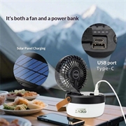 3-i-1 solcelledrevet campingventilator med lys og 3000mAh powerbank - sort