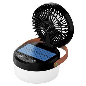 3-i-1 solcelledrevet campingventilator med lys og 3000mAh powerbank - sort