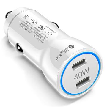 40W dobbelt USB-C PD hurtig biloplader med LED-lysring - hvid