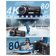 4K Ultra HD Digitalt videokamera med fjernbetjening - 80MP, 18X Digital Zoom - Sort