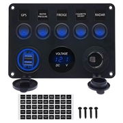 5-vejs afbryderpanel med voltmeter, USB-oplader og cigarettænderstik til autocamper, båd og fartøj