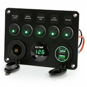 5-vejs afbryderpanel med voltmeter, USB-oplader og cigarettænderstik til campingvogne, både og lystbåde - grøn