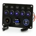 5-vejs afbryderpanel med voltmeter, USB-oplader og cigarettænderstik til autocamper, båd og fartøj