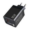 65W GaN-rejseoplader - udtrækkeligt USB-C-kabel, USB-C/USB-A-porte - sort