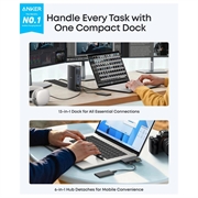 Anker 13-i-1 multifunktionel hub - 2x USB-C, 3x USB-A, 100W Power Delivery - grå