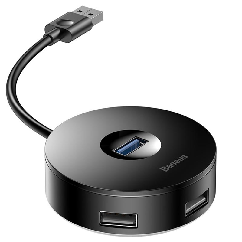 Baseus Round Box 4port USB 3.0 Hub med MicroUSB Power Supply Sort