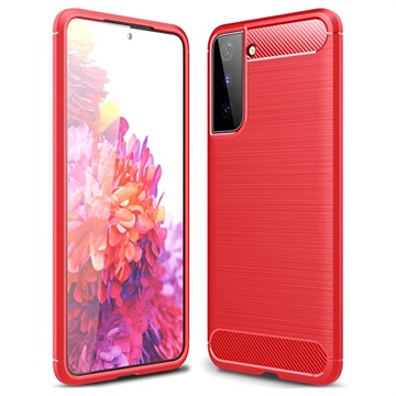 Samsung Galaxy S21+ 5G Børstet TPU Cover - Karbonfiber - Rød