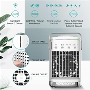 CF-006 Bærbar ventilator - USB, 4 hastigheder, timer, 700ml vandbeholder - hvid