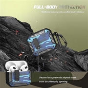 AirPods 4-etui i camouflagemønster, stødsikkert, med karabinhage - Camouflageblå