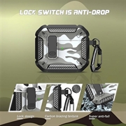 AirPods 4-etui i camouflagemønster, stødsikkert, med karabinhage - Camouflage Grå