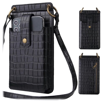 Crocodile Pattern Crossbody Mobiltaske med Makeup Spejl - Sort