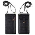 Crocodile Pattern Crossbody Mobiltaske med Makeup Spejl - Sort