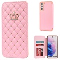 Crown Grid Pattern Samsung Galaxy S21 5G Flip Cover - Pink