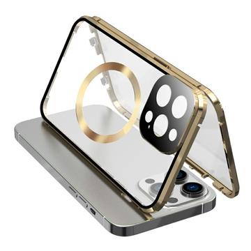 Dobbeltsidet hærdet glas + magnetisk metalramme Anti-Drop Case til iPhone 15 Kompatibel med MagSafe Phone Cover med spændelås - Guld