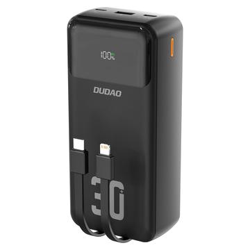 Dudao K15MAX 30000mAh Powerbank - 22.5W PD & QC hurtigopladning, indbyggede USB-C- og Lightning-kabler - Sort