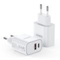 Duzzona T12 30W PD hurtigoplader til vægmontering - USB-C/USB-A, EU-stik - hvid