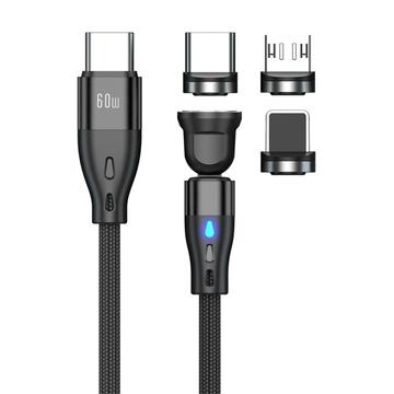 E7 3-i-1 magnetisk kabel med 540 graders rotation - USB-C, Lightning, MicroUSB - 1m - Sort