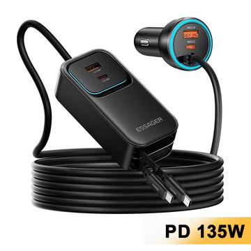 Essager F789 135W biloplader til bagsædet - 2x USB-C-kabler, 4x USB-C-, 2x USB-A-indgange - 1.5m - sort