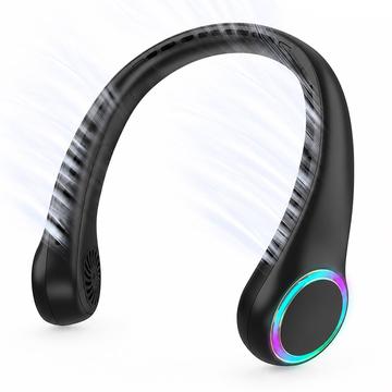 F8 bladløs halsventilator med omgivende belysning - 4000mAh batteri, 3 hastigheder og USB-C-opladning - sort