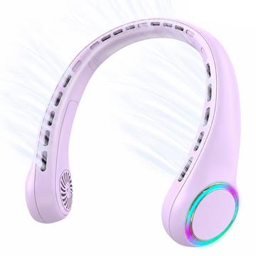 F8 bladløs halsventilator med omgivende belysning - 4000mAh batteri, 3 hastigheder og USB-C-opladning - Lilla