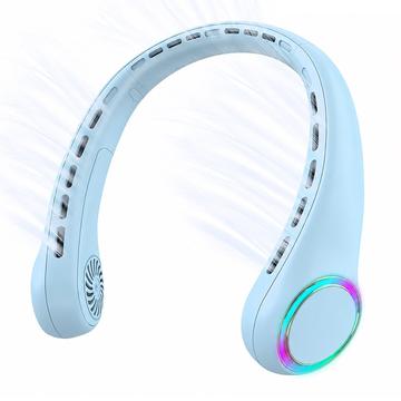 F8 bladløs halsventilator med omgivende belysning - 4000mAh batteri, 3 hastigheder og USB-C-opladning - himmelblå