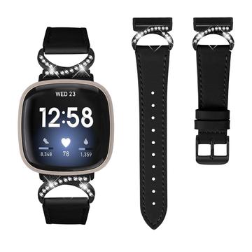 Fitbit Versa 3/Sense - elegant læderrem med rhinestones - sort
