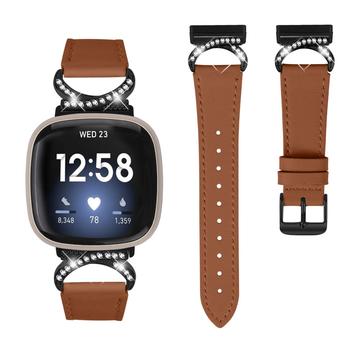 Fitbit Versa 3/Sense - elegant læderrem med rhinsten - brun