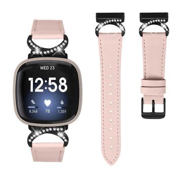Fitbit Versa 3/Sense - elegant læderrem med rhinestones - lyserød