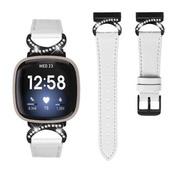 Fitbit Versa 3/Sense - elegant læderrem med rhinestones - hvid