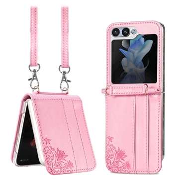 Samsung Galaxy Z Flip5 Floral Print Cover med Rem - Pink