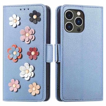 Flower Decor Series iPhone 14 Pro Pung Taske - Blå