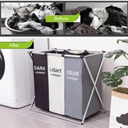 Foldbar Vasketøjskurv med 3 rum - 38x66x58cm - Sort/hvid/grå