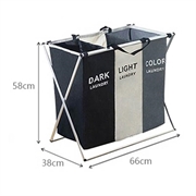 Foldbar Vasketøjskurv med 3 rum - 38x66x58cm - Sort/hvid/grå