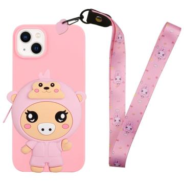 Cartoon Design iPhone 14 Plus TPU Cover med Lynlåslomme - Svin
