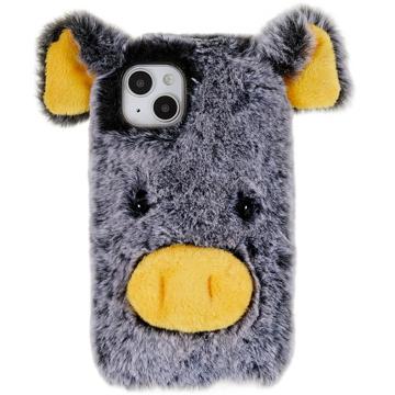 Fluffy Plush iPhone 14 Plus Hybrid Cover - Grå Gris