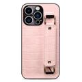 iPhone 14 Pro Belagt Cover med Håndrem og Kortholder - Krokodille - Pink