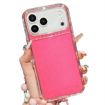 iPhone 17 Pro/18 Pro Glitter stødsikkert hybrid cover med håndledsrem - Hot Pink
