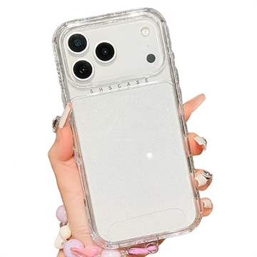 iPhone 17 Pro/18 Pro Glitter stødsikkert hybrid cover med håndledsrem - gennemsigtig