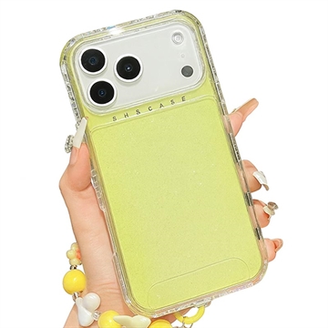 iPhone 17 Pro/18 Pro Glitter stødsikkert hybrid cover med håndledsrem - gul
